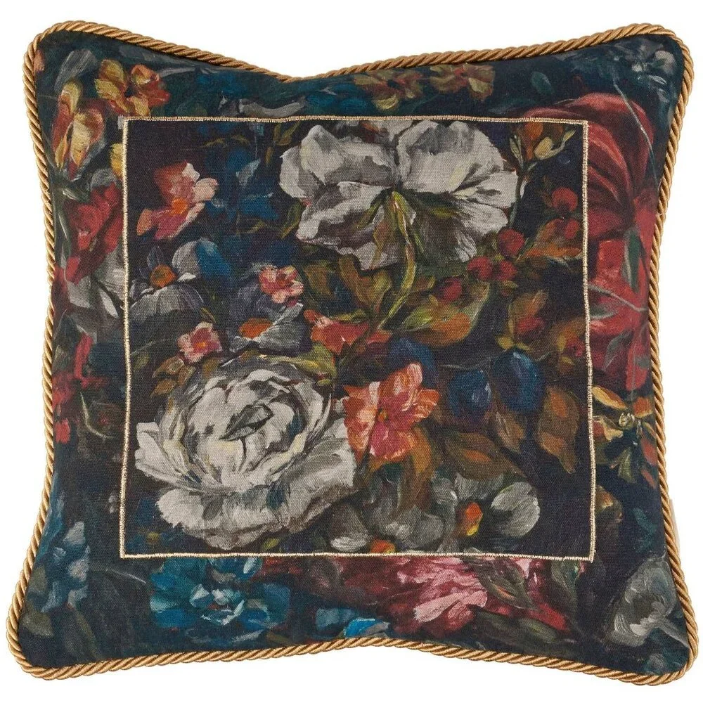 Moody Botanical‎ Floral Velvet Accent Pillow Gold Rope Trim Dark Cottage Decor